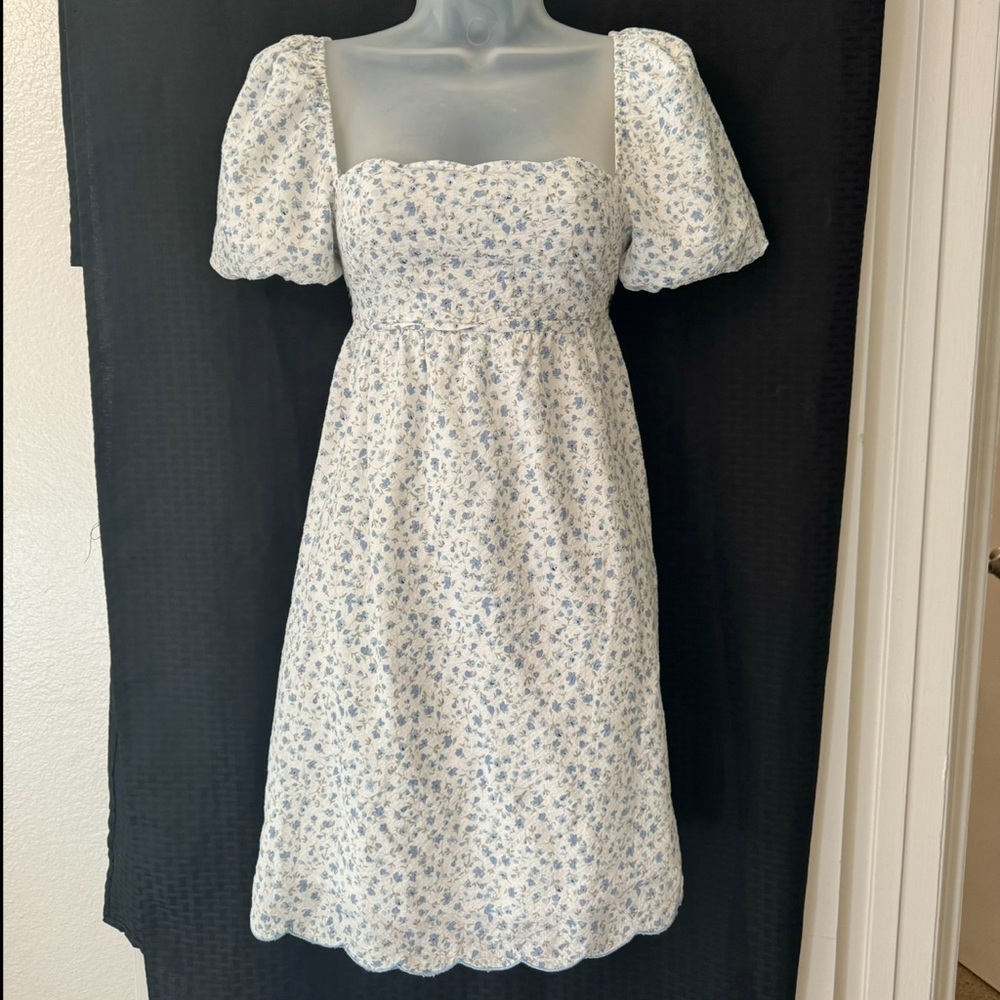 Blue and white dress with floral pattern